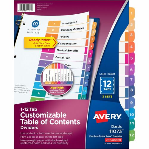Avery® Ready Index Custom TOC Binder Dividers - 36 x Divider(s) - 1-12 - 12 Tab(s)/Set - 8.5" Divider Width x 11" Divider Length - 3 Hole Punched - White Paper Divider - Multicolor Paper Tab(s) - 24 / Carton