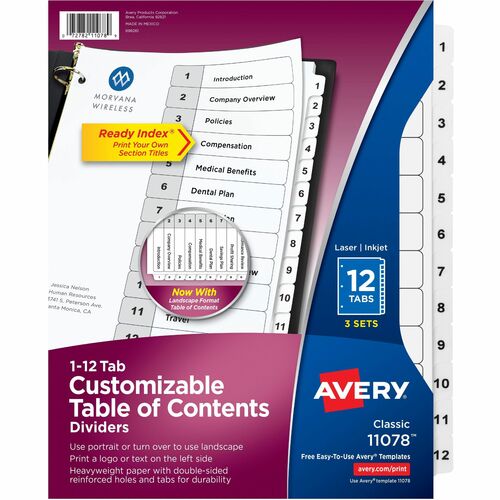 Avery® Ready Index Classic Tab Binder Dividers - 288 x Divider(s) - 288 Tab(s) - 1-12 - 12 Tab(s)/Set - 8.5" Divider Width x 11" Divider Length - 3 Hole Punched - White Paper Divider - White Paper Tab(s) - 8 / Carton