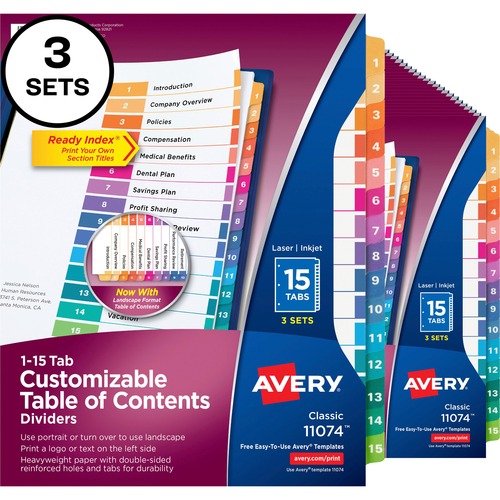 Avery® Ready Index Custom TOC Binder Dividers - 45 x Divider(s) - 1-15 - 15 Tab(s)/Set - 8.5" Divider Width x 11" Divider Length - 3 Hole Punched - White Paper Divider - Multicolor Paper Tab(s) - 24 / Carton
