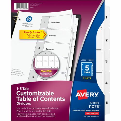 Avery® Ready Index Classic Tab Binder Dividers - 180 x Divider(s) - 180 Tab(s) - 1-5 - 5 Tab(s)/Set - 8.5" Divider Width x 11" Divider Length - 3 Hole Punched - White Paper Divider - White Paper Tab(s) - Recycled - 12 / Carton