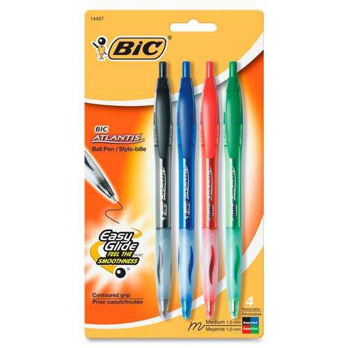 BIC ATLANTIS Ballpoint Pen - Medium Pen Point - 1 mm Pen Point Size - Refillable - Retractable - Assorted - Clear Barrel - Metal Tip - 4 / Pack - Ballpoint Retractable Pens - BICVCGP41AST