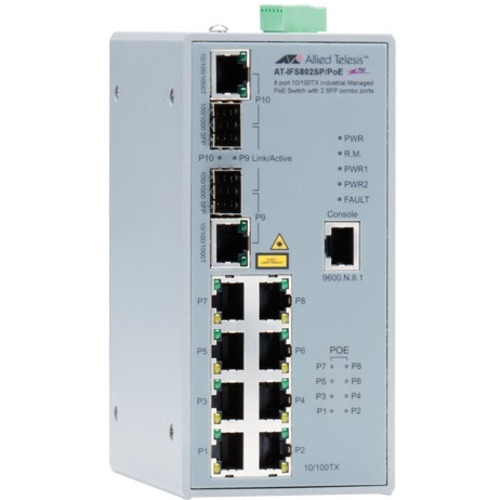 Allied Telesis 8-Port Industrial Managed POE Switch - 8 Ports - Manageable - Gigabit Ethernet, Fast Ethernet - 10/100/1000Base-T, 10/100Base-TX - 2 Layer Supported - 2 SFP Slots - PoE Ports - Wall Mountable, Rail-mountable