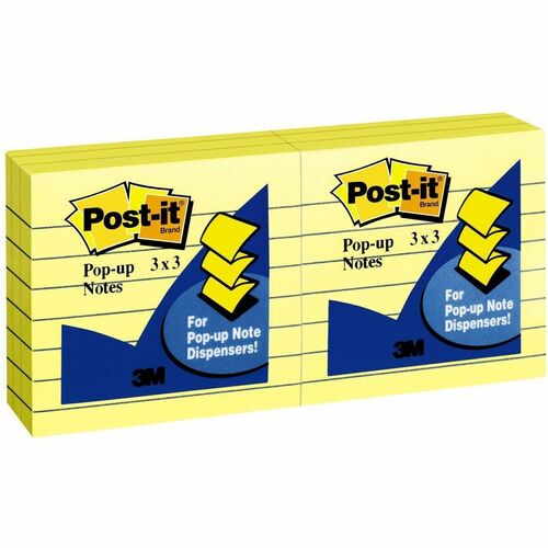 Post-it® Pop-up Lined Notes, Canary Yellow, 76 x 76 mm, 6/Pack, R335 - 100 x Canary Yellow - 3" (76.20 mm) Flag/Note Width x 3" (76.20 mm) Flag/Note Length - Square - 100 Sheets per Pad - Canary Yellow - Removable, Recyclable - 6 / Pack
