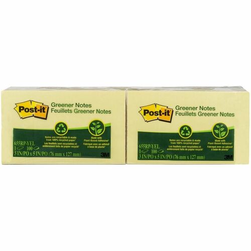 Post-it® Greener Notes 655-RP, 3 in x 5 in, Canary Yellow - 1200 x Canary Yellow - 3" (76.20 mm) Flag/Note Width x 5" (127 mm) Flag/Note Length - Rectangle - 100 Sheets per Pad - Canary Yellow - Recyclable, Chlorine-free, PVC-free, Adhesive - Recycled
