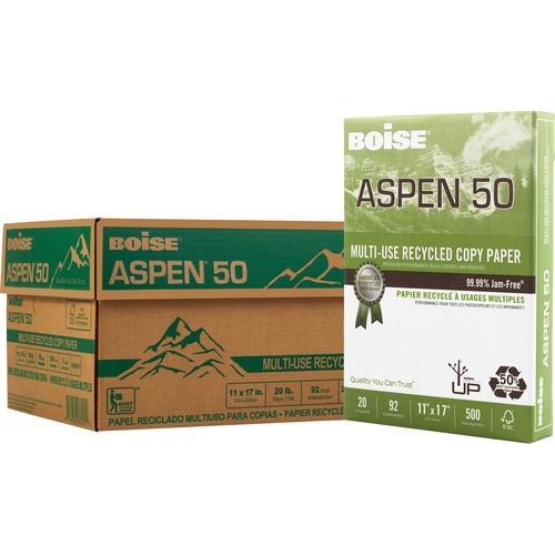 BOISE ASPEN 50% Recycled Multi-Use Copy Paper, 11" x 17" Ledger, 92 Bright White, 20 lb., 5 Ream Carton (2,500 Sheets) - BOISE ASPEN 50% Recycled Multi-Use Copy Paper - Ledger/Tabloid - 11" x 17" - 92 Bright - 20 lb Basis Weight - Smooth - 5 Ream Carton -