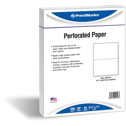 PrintWorks Professional Pre-Perforated Paper for Statements, Tax Forms, Bulletins, Planners & More - Letter - 8 1/2" x 11" - 20 lb Basis Weight - 500 / Ream - Sustainable Forestry Initiative (SFI) - Perforated - White