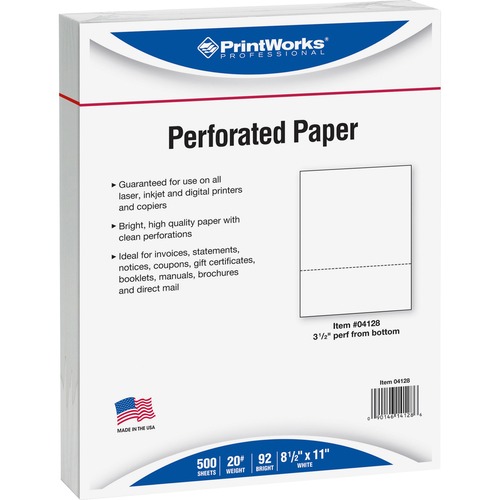 PrintWorks Professional Pre-Perforated Paper for Invoices, Statements, Gift Certificates & More - Letter - 8 1/2" x 11" - 20 lb Basis Weight - 500 / Ream - Sustainable Forestry Initiative (SFI) - Perforated - White