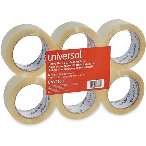 Universal Heavy-Duty Box Sealing Tape, 3" Core, 1.88" x 54.6 yds, Clear, 6/Pack - 54.60 yd Length x 1.88" Width x 3 mil Thickness - 3" Core - Clear - Resin - Plastic Backing - 6 / Pack