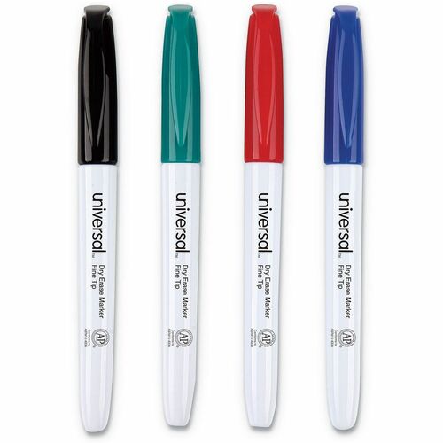 Universal Pen Style Dry Erase Marker, Fine Bullet Tip, Assorted Colors, 4/Set - Fine Bullet, Fine Marker Point - Assorted Ink - Dry - Black, Blue, Green, Red Barrel - General Purpose - 4 / Set