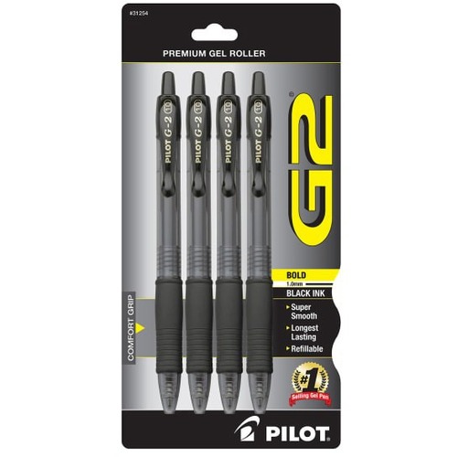 Pilot Gel Pen - 1 mm Bold Pen Point - Refillable - Retractable - Black Ink - Gel-based - Clear Barrel - 4 Pack