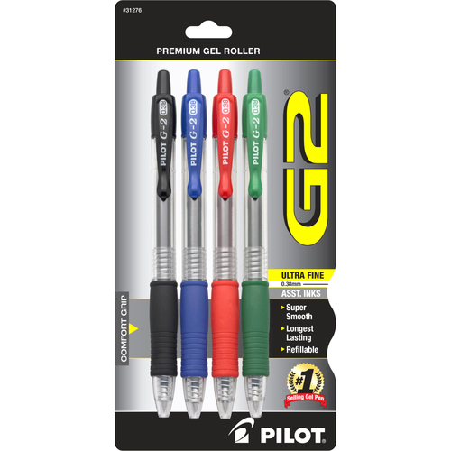 G2 Retractable Gel Roller - Ultra Fine Pen Point - 0.38 mm Pen Point Size - Refillable - Retractable - Black, Blue, Red, Green Gel-based Ink - 4 / Pack
