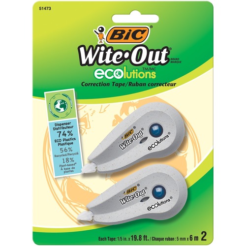 BIC Wite-Out Correction Tape - 0.20" (5 mm) Width x 19.7 ft Length - 1 Line(s) - White Tape - Flexible Tip, Non-refillable - 2 / Pack - White