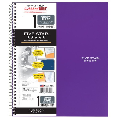 Five Star Quadrille Book - 100 Sheets - Spiral - Both Side Ruling Surface - 20 lb Basis Weight - Letter - 8 1/2" x 11" - White Paper - AssortedPlastic Cover - Durable Cover, Perforated, Spiral Lock, Removable - 1 / Pack