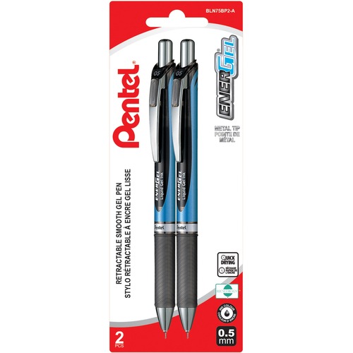 Pentel EnerGel Rollerball Pen - Fine Pen Point - 0.5 mm Pen Point Size - Needle Pen Point Style - Refillable - Retractable - Black Gel-based Ink - 2 / Pack