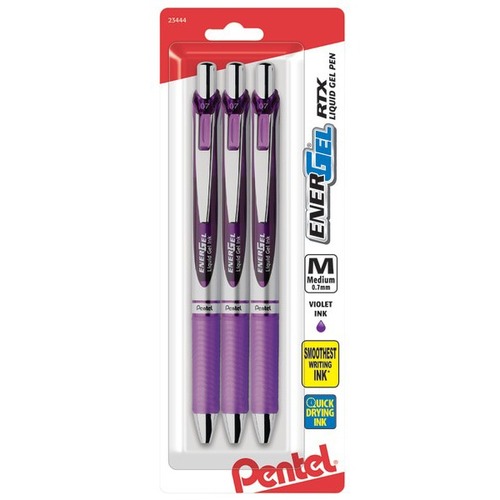 Pentel Deluxe RTX Gel Pen - 0.7 mm Medium Pen Point - Refillable - Retractable - Violet Ink - Liquid Gel Ink - Violet, Silver Barrel - 3 Each