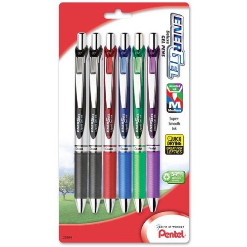 Pentel EnerGel RTX Gel Pen - 0.7 mm Medium Pen Point - Refillable - Retractable - Black, Assorted Ink - Gel-based, Liquid - Silver Barrel - Stainless Steel Tip - 6 Pack