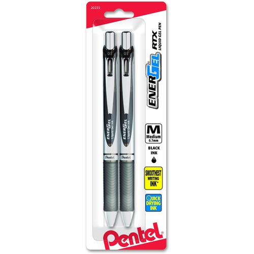 EnerGel RTX Retractable Liquid Gel Pen, (0.7mm) Metal Tip, Medium Line, Blue Ink 2-Pk - Medium Pen Point - 0.7 mm Pen Point Size - Retractable - Black - Metal, Stainless Steel Tip - 2 / Pack