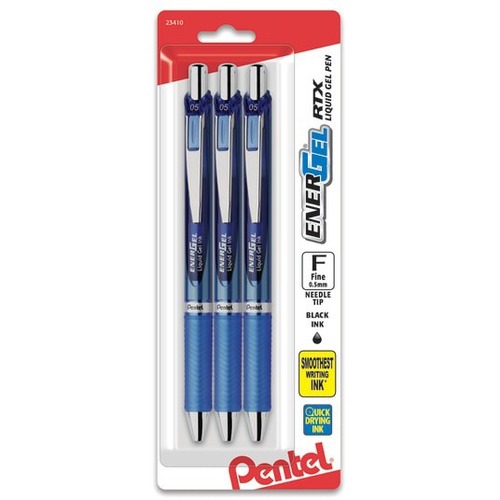 EnerGel Deluxe RTX Gel Pen - 0.5 mm Needle Pen Point - Refillable - Retractable - Blue Ink - Liquid Gel Ink - Black, Blue, Silver Barrel - 3 Pack