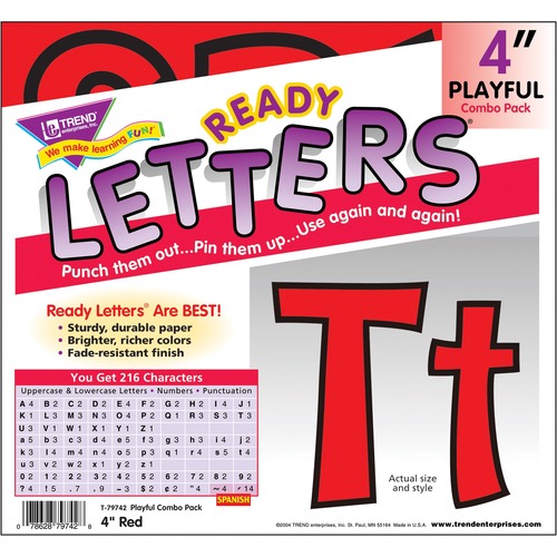Trend Ready Letters Letter & Number - Learning Theme/Subject - Fade Resistant, Durable, Reusable, Sturdy - 4" (101.6 mm) Height - Red - 216 / Pack