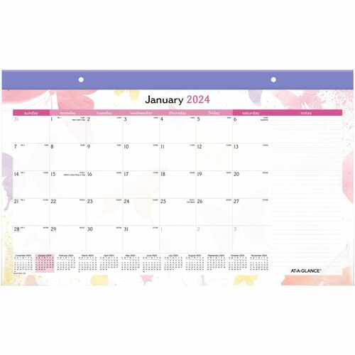 At-A-Glance WatercolorsDesk Pad Calendar - Julian Dates - Monthly - 12 Month - January 2024 - December 2024 - 1 Month Single Page Layout - 17 3/4" x 11" White Sheet - 1.75" x 2" Block - Headband - Desk Pad - Brown, Pink, Purple, Yellow - Poly, Paper - Not