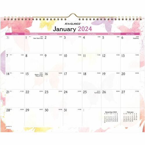 At-A-Glance WatercolorsWall Calendar - Medium Size - Julian Dates - Monthly - 12 Month - January 2024 - December 2024 - 1 Month Single Page Layout - 15" x 12" White Sheet - 1.75" x 2" Block - Wire Bound - Multi - Paper, Cardboard - 12" Height x 15" Width 