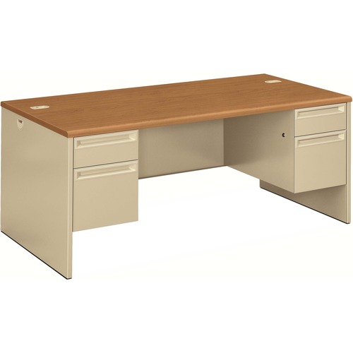 HON 38180 Pedestal Desk - 29.5" Height x 72" Width x 36" Depth - Double Pedestal - Radius Edge - Material: Particleboard, Steel - Finish: Harvest, Putty - Ball-bearing Suspension - 1 Each
