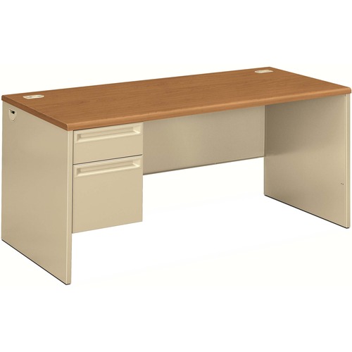 HON 38292L Pedestal Desk with Lock - 29.5" Height x 66" Width x 30" DepthLeft Side - Radius Edge - Material: Particleboard, Steel - Finish: Harvest, Putty - Ball-bearing Suspension - 1 Each