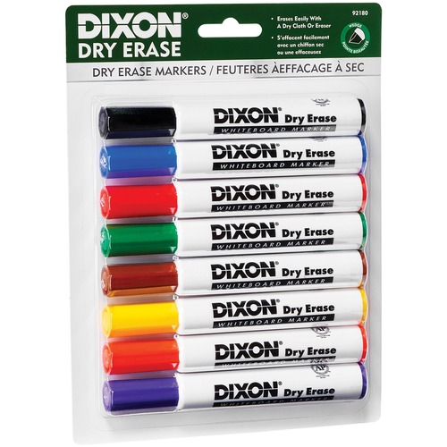 Dixon Wedge Tip Dry Erase Markers - Yellow, Red, Blue, Orange, Green, Violet, Brown, Black - White Barrel - 8 / Pack