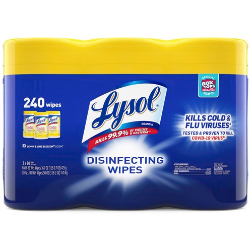 Lysol Lemon/Lime Disinfecting Wipes - Wipe - Lemon, Lime Blossom Scent - 80 / Canister - 3 / Pack - White