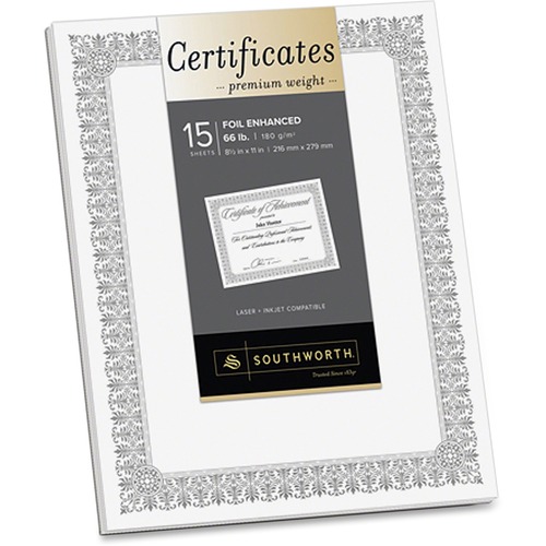 Southworth Foil Enhanced Certificates - Fleur Design - 66lb - 8.5" x 11" - Inkjet, Laser Compatible - White, Silver - 15 Certificates / Pack