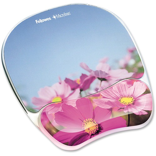 Fellowes Photo Gel Mouse Pad Wrist Rest with Microban® - Pink Flowers - 9.25" x 7.88" x 0.88" Dimension - Multicolor - Rubber, Gel - Stain Resistant, Skid Proof - 1 Pack