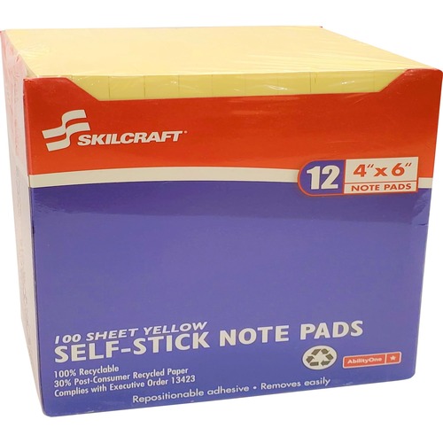SKILCRAFT Self-Stick Note Pad - 1200 x Yellow - 4" x 6" - Rectangle - Yellow - Paper - Removable, Self-adhesive - 1 Dozen