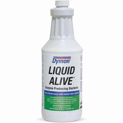 Dymon Liquid Alive Drain Maintenance - 32 fl oz (1 quart) - Pleasant Scent - 12 / Carton - Odor Neutralizer, Non-toxic, Non Alkaline - Green