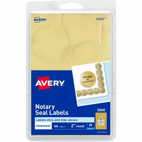 Avery® Printable Gold Foil Notarial Seals - Round - 2" Diameter - Permanent - For Award, Certificate, Envelope, Legal Document - Gold - 44 / Pack