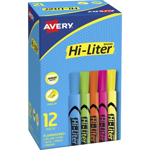 Avery® Hi-Liter Desk-Style Highlighters - Chisel Marker Point Style - Fluorescent Yellow, Fluorescent Blue, Fluorescent Green, Fluorescent Orange, Fluorescent Pink Water Based Ink - Plastic Tip - 12 / Box