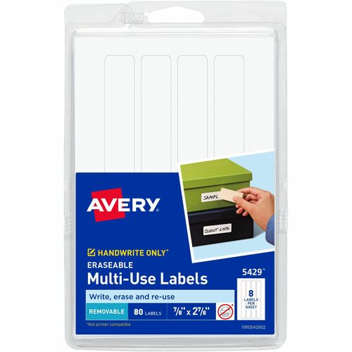 Avery® Erasable Multi-Use Labels - 7/8" Height x 2 7/8" Width - Removable Adhesive - Rectangle - White - Film - 8 / Sheet - 180 Total Sheets - 1440 Total Label(s) - 18 / Carton