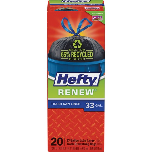 Hefty Renew 33-gal Ex Large Bags - 33 gal Capacity - 24" Width x 27.25" Length - 1.10 mil (28 Micron) Thickness - Drawstring Closure - Black - Plastic - 20/Box - Kitchen, Indoor, Outdoor - Recycled
