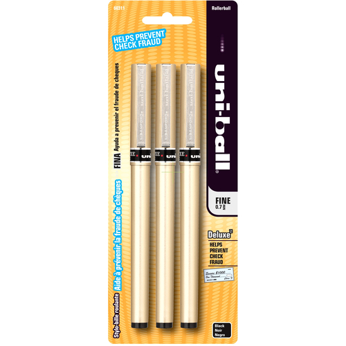 Uni-Ball Deluxe Roller Ball Pen - Fine Pen Point - 0.7 mm Pen Point Size - Black Pigment-based Ink - Metallic Barrel - 3 / Pack