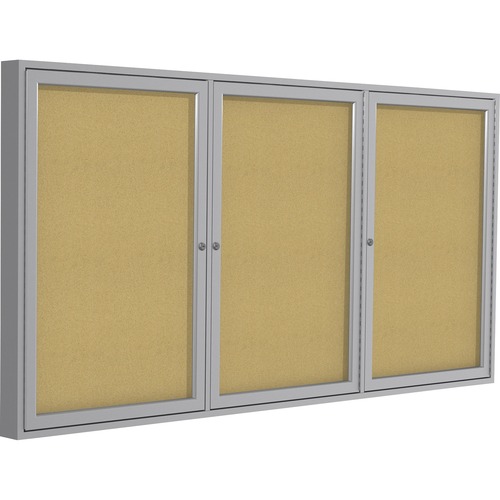 Ghent 3 Door Enclosed Natural Cork Bulletin Board with Satin Frame - 48" Height x 96" Width - Natural Cork Surface - Locking Door, Self-healing, Illuminated, Tamper Proof - Satin Aluminum Frame - 1 Each - TAA Compliant