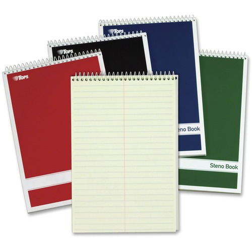 TOPS Gregg-ruled Steno Book - 80 Sheets - Wire Bound - 15 lb Basis Weight - 6" x 9" - 9" x 6" - Green Tint Paper - Red, Green, Black, Blue Cover - Durable Cover, Rigid, Acid-free - 4 / Pack