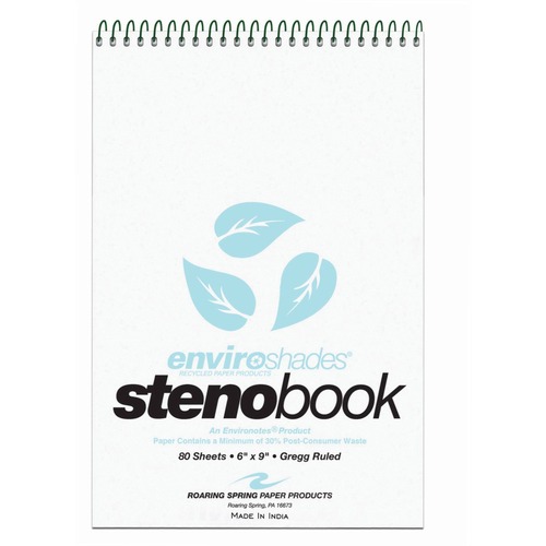 Roaring Spring Enviroshades Recycled Spiral Steno Memo Book - 80 Sheets - 160 Pages - Printed - Spiral Bound - Both Side Ruling Surface - Gregg Ruled Red Margin - 15 lb Basis Weight - 56 g/m² Grammage - 9" x 6" - 1.25" x 6" x 9" - Blue Paper - Black 