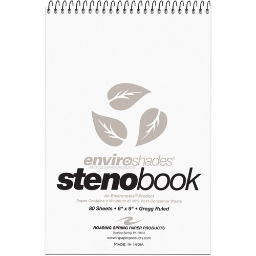 Roaring Spring Enviroshades Recycled Spiral Steno Memo Book - 80 Sheets - 160 Pages - Printed - Spiral Bound - Both Side Ruling Surface - Gregg Ruled Red Margin - 15 lb Basis Weight - 56 g/m² Grammage - 9" x 6" - 1.25" x 6" x 9" - Gray Paper - Black 