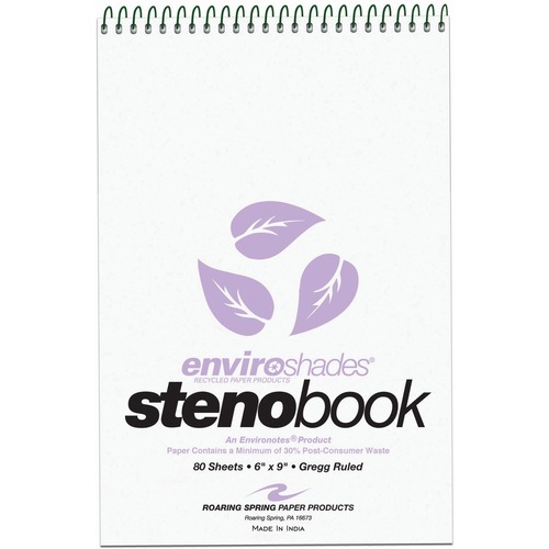 Roaring Spring Enviroshades Recycled Spiral Steno Memo Book - 80 Sheets - 160 Pages - Printed - Spiral Bound - Both Side Ruling Surface - Gregg Ruled Red Margin - 15 lb Basis Weight - 56 g/m² Grammage - 9" x 6" - 1.25" x 6" x 9" - Orchid Paper - Blac
