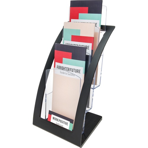 Deflecto Contemporary Literature Holder - 3 Compartment(s) - 3 Tier(s) - 13.3" Height x 6.8" Width x 6.9" Depth - Desktop, Counter - Durable, Business Card Holder - Black, Clear Frame, Front - Plastic - 1 Each