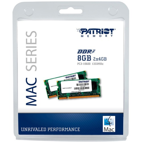 Patriot Memory Signature 8GB DDR3 SDRAM Memory Module - 8 GB (2 x 4GB) - DDR3-1333/PC3-10600 DDR3 SDRAM - 1333 MHz - CL9 - 1.50 V - Non-ECC - Unbuffered - 204-pin - SoDIMM