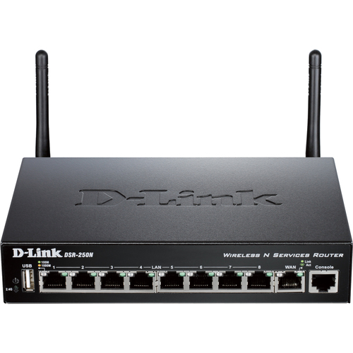 D-Link DSR-250N IEEE 802.11n  Wireless Integrated Services Router - 2.40 GHz ISM Band - 2 x Antenna - 6.75 MB/s Wireless Speed - 8 x Network Port - 1 x Broadband Port - USB - Gigabit Ethernet - Desktop - Wireless Routers - DLI35241