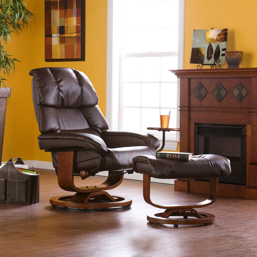 SEI Cafe Brown Leather Recliner and Ottoman Chair - Wood Frame - Faux Leather