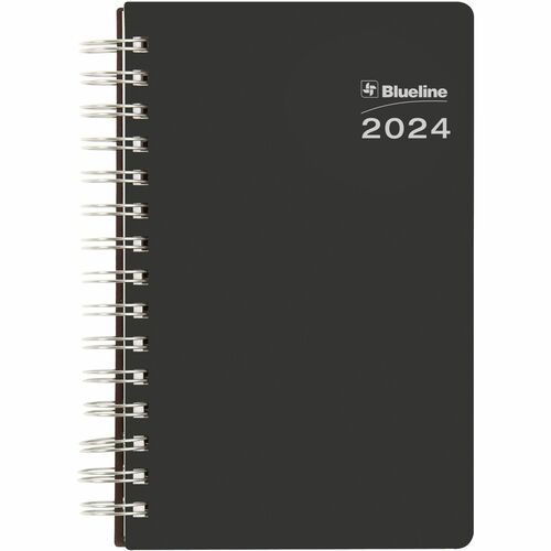 Blueline Daily Planner - Julian Dates - Daily - January 2024 till December 2024 - 7:00 AM to 7:30 PM - Half-hourly - 1 Day Single Page Layout - 5" x 8" Sheet Size - Twin Wire - Black - Flexible, Bilingual, Notepad, Soft Cover - 1 Each