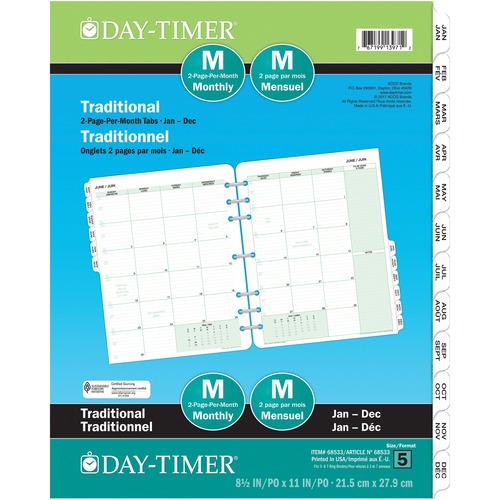 Day-Timer Folio Organizer Refill - Monthly - January 2021 till December 2021 - 1 Month Double Page Layout - 8 1/2" x 11" Sheet Size - Tabbed, Bilingual - 1 Each