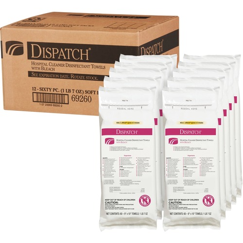 Dispatch Hospital Cleaner Disinfectant Towels with Bleach - Ready-To-Use Towel - 60 / Packet - 12 / Carton - White
